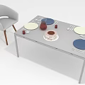 Modern Dining Table Set With Gray Chairs Plates Cake And Tableware 3d model