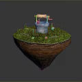 Floating Island With Lush Green Grass Water Well And Wooden Bucket