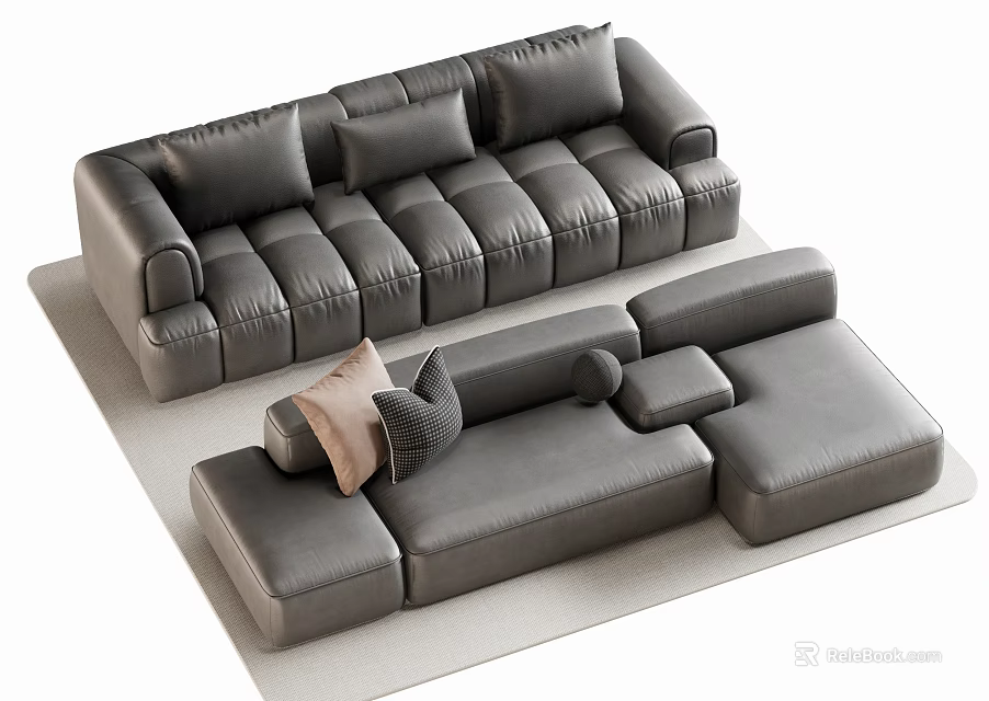 Modern Gray Leather Double Sofa Interior Design With Plush Cushions And Modular Layout 3d model 