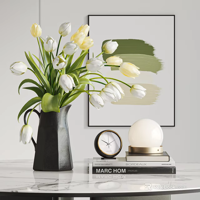 Decorative Ornament Combination with Black Vase White Yellow Tulips Clock Stacked Books and White Sphere 3d model 
