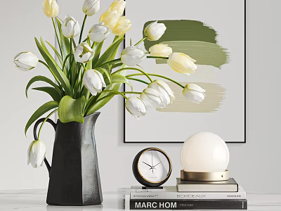 Decorative Ornament Combination with Black Vase White Yellow Tulips Clock Stacked Books and White Sphere 3d model