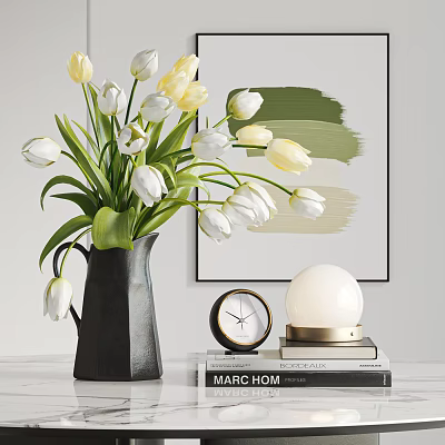Decorative Ornament Combination with Black Vase White Yellow Tulips Clock Stacked Books and White Sphere 3d model