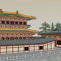 Ancient Chinese Architecture With Multi Story Structure Traditional Curved Eaves And Red Wooden Walls