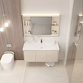 Modern Bathroom Interior With Wooden Walls Hanging Lights Vanity Beige Cabinets And Bathtub