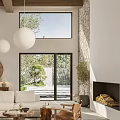 Modern Living Room Interior With White L Shaped Sofa Wooden Beams Stone Fireplace And Greenery
