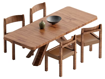 Walnut Wooden Dining Table Set With Four Chairs Green Bottle And Black Bowl 3d model