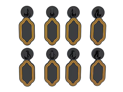 Eight Black Door Handles With Gold Border And Black Flame Shaped Top Decor 3d model