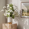 Elegant Decorative Ornaments Set With White Flower Vase Patterned Base Sunlight Shadow And Monet Painting