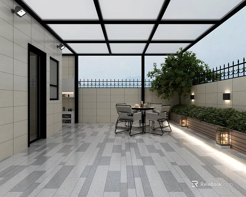 Home Balcony With Glass Roof Tile Walls Outdoor Dining Set Green Plants And Light Strips 3d model 