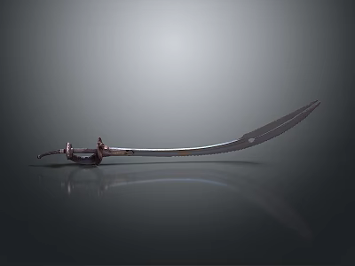 Shiny Metallic Scimitar Weapon With Curved Blade And Ornate Hilt On Dark Background 3d model