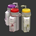 Three Medical Filtration Devices With Purple Red Yellow Lids And Compact Design