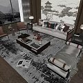 Modern Sofa and Coffee Table Set with Accent Pillows Large Windows and Patterned Rug 3d model