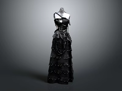 Elegant Black Evening Gown with Strappy Design Layered Skirt and Decorative Studs 3d model
