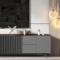 Modern TV Stand with Decorative Items and Striped Wall in Living Room