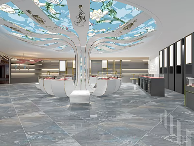 Elegant Jewelry Store Interior With Floral Ceiling Tree Structure Circular Counters And Display Cases 3d model