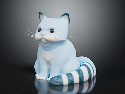 Light blue cat with purple eyes and blue white striped tail sitting on reflective surface 3d model