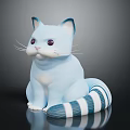 Light blue cat with purple eyes and blue white striped tail sitting on reflective surface