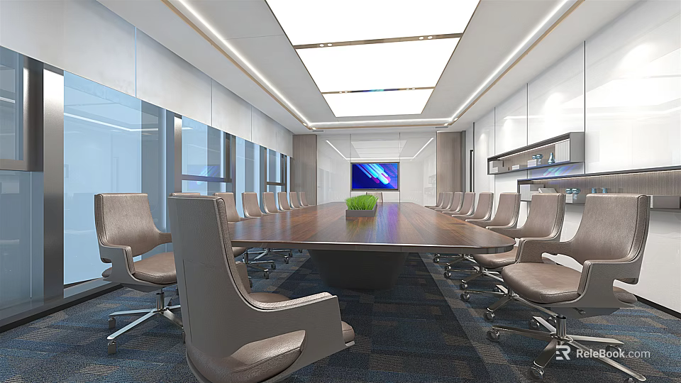 Modern Conference Room With Long Wooden Table Leather Chairs And Large Screen 3d model 