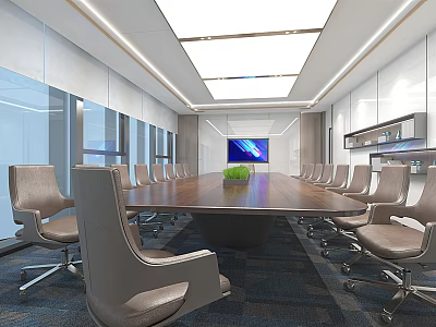 Modern Conference Room With Long Wooden Table Leather Chairs And Large Screen 3d model