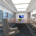 Modern Conference Room With Long Wooden Table Leather Chairs And Large Screen