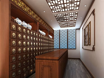 Traditional Chinese Medicine Store Interior With Wooden Cabinets And Lattice Windows 3d model