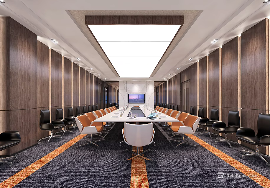 Modern Conference Room Interior With Long Table Orange Chairs TV Screen And Ceiling Lighting 3d model 