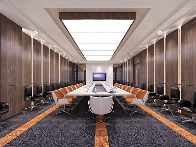 Modern Conference Room Interior With Long Table Orange Chairs TV Screen And Ceiling Lighting 3d model