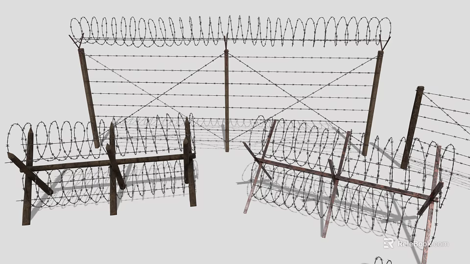Roadside Security Fencing With Coiled Barbed Wire And Steel Posts For Protection 3d model 