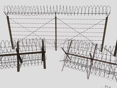 Roadside Security Fencing With Coiled Barbed Wire And Steel Posts For Protection 3d model