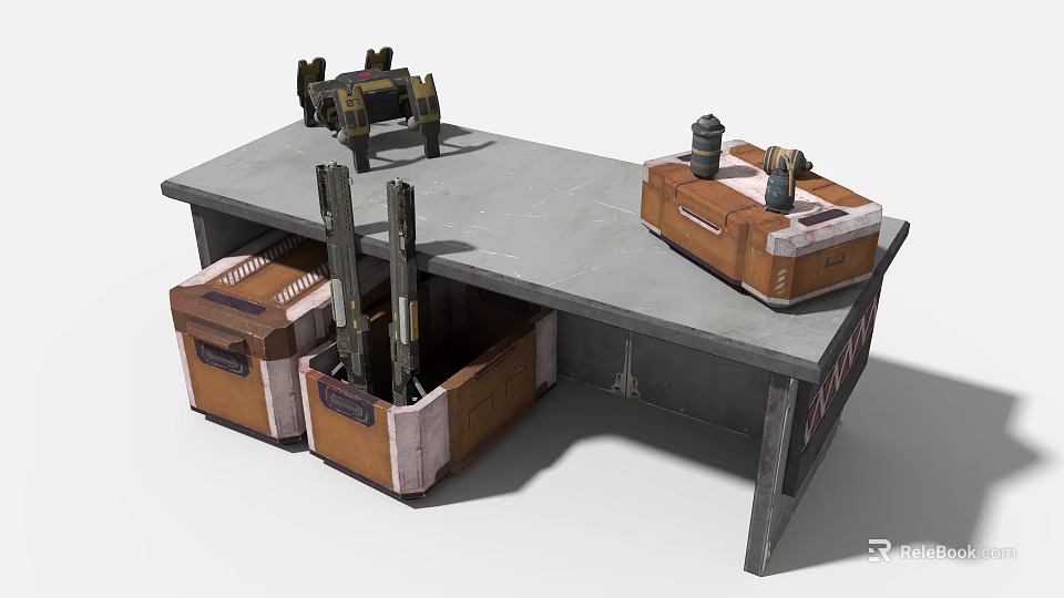 Industrial Equipment On Metal Workbench With Storage Crates And Machinery Parts 3d model 