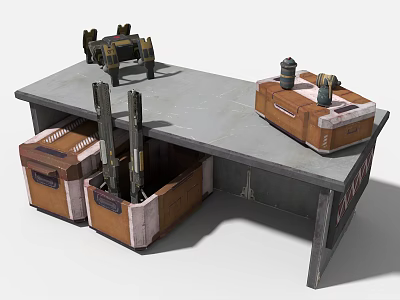 Industrial Equipment On Metal Workbench With Storage Crates And Machinery Parts 3d model