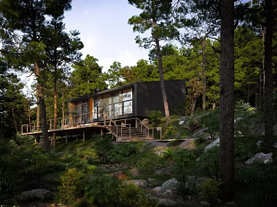Modern Forest House With Wooden Deck Surrounded By Trees And Natural Landscape 3d model