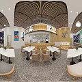 Modern Restaurant Interior With Wooden Decor Dining Tables Rattan Chairs And Hanging Lights
