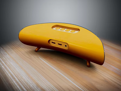 Yellow Curved Headphone Speaker on Wooden Table with Support Feet Buttons and Ports 3d model