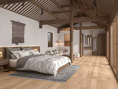 Traditional Hotel Room With Wooden Beams Bed White Linens Decorative Painting And Area Rug 3d model