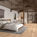Traditional Hotel Room With Wooden Beams Bed White Linens Decorative Painting And Area Rug