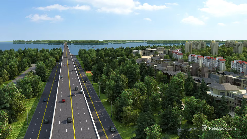 Scenic View of Wide Highway Flanked by Lush Trees Near Distant Lake and Buildings 3d model 