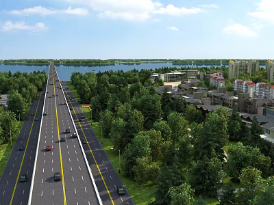 Scenic View of Wide Highway Flanked by Lush Trees Near Distant Lake and Buildings 3d model
