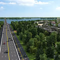 Scenic View of Wide Highway Flanked by Lush Trees Near Distant Lake and Buildings