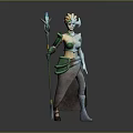 Fantasy Game Character With Golden Hair Holding Blue Glowing Staff And Green Gray Outfit