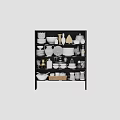 Elegant White Gold Tableware Collection with Plates Bowls Cups Vases Jugs on Black Shelf