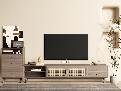 Modern Wooden TV Stand With Rattan Doors Drawers TV And Decorative Items 3d model