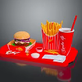 Fast Food Meal With Hamburger French Fries Coca Cola Ketchup And Napkin On Red Tray