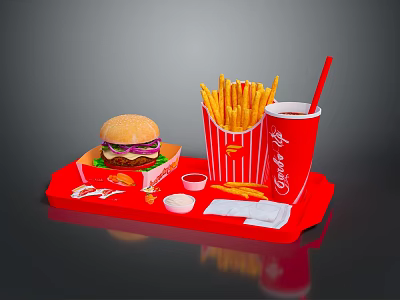 Fast Food Meal With Hamburger French Fries Coca Cola Ketchup And Napkin On Red Tray 3d model