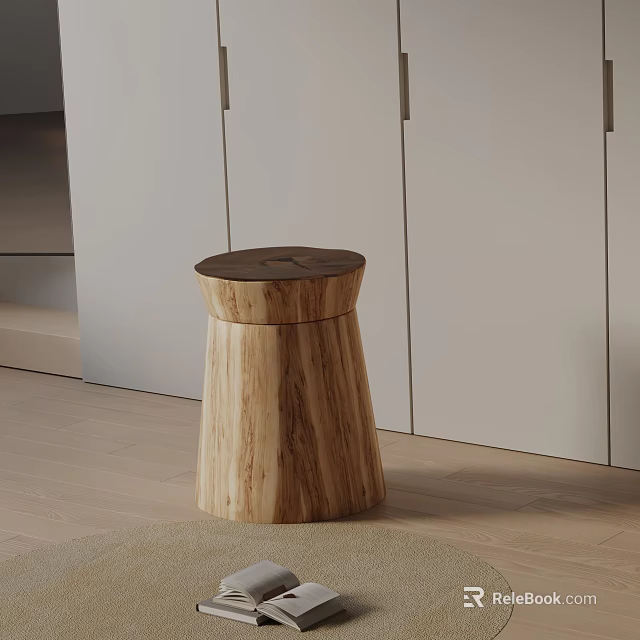 Wooden Side Table with Round Top on Light Wooden Floor and White Cabinets 3d model 