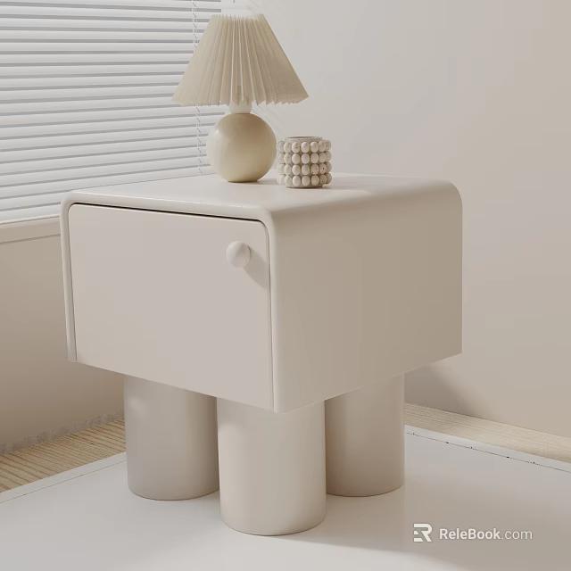 Minimalist White Side Table With Drawer Cylindrical Legs And Table Lamp 3d model 