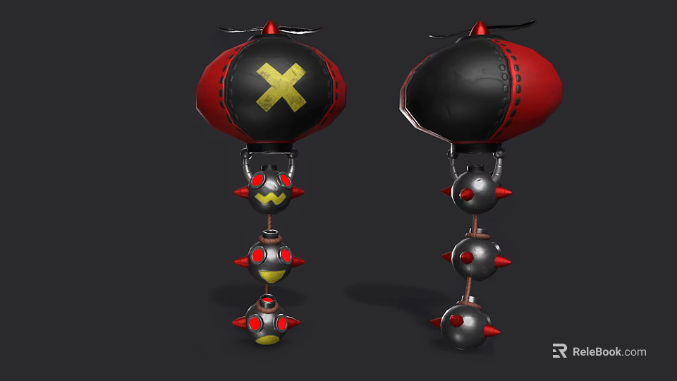 Red Black Weapon Featuring Yellow X Mark and Hanging Spiked Components 3d model 