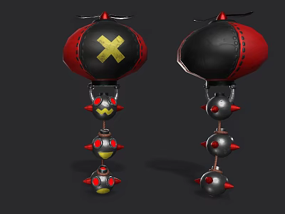 Red Black Weapon Featuring Yellow X Mark and Hanging Spiked Components 3d model