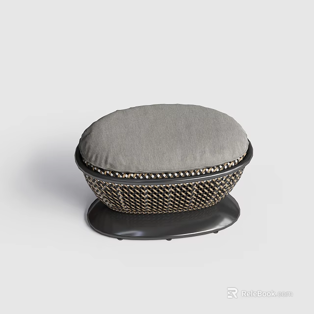 Round Woven Ottoman With Gray Cushion And Black Base Modern Design 3d model 