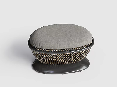 Round Woven Ottoman With Gray Cushion And Black Base Modern Design 3d model